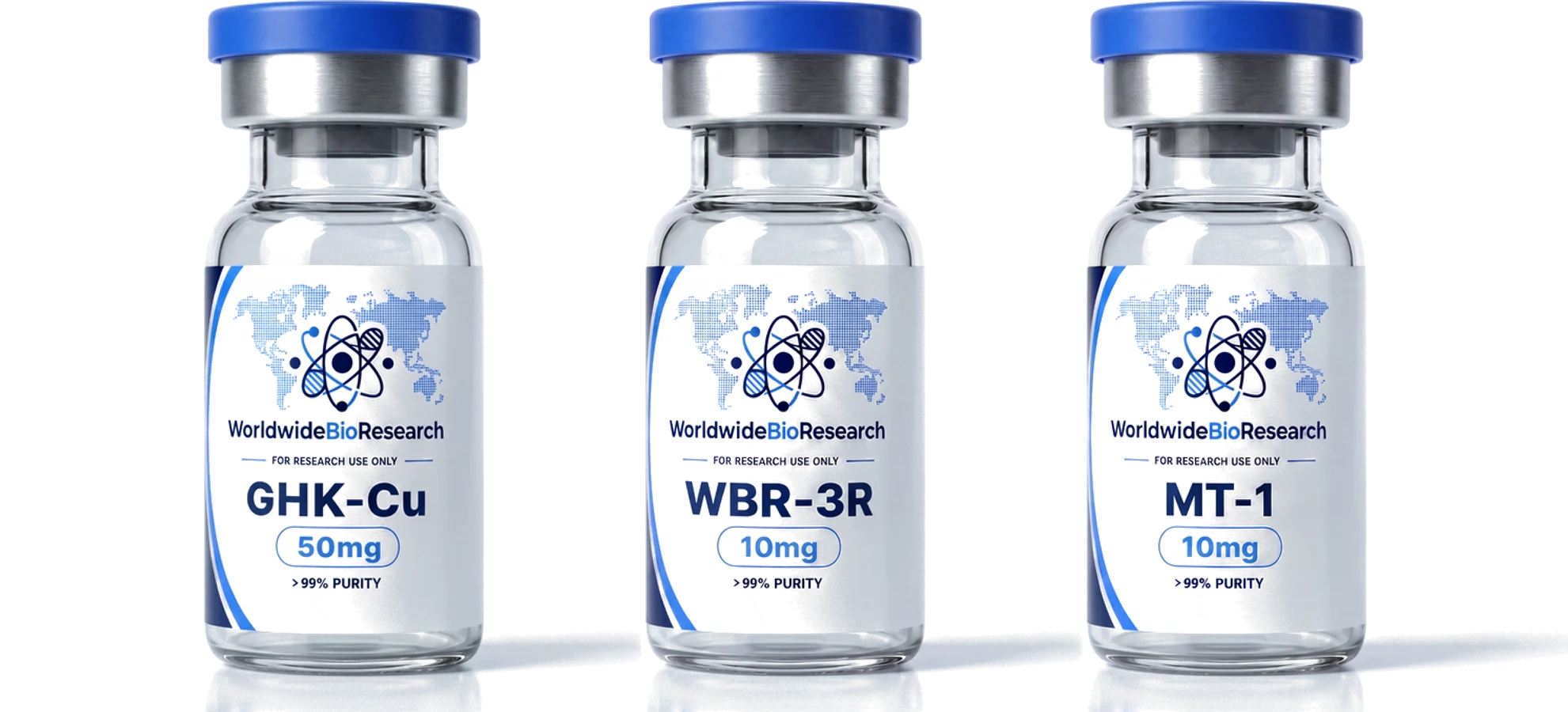 GHK-Cu 50mg, WBR-3R 10mg and MT-1 10mg vials